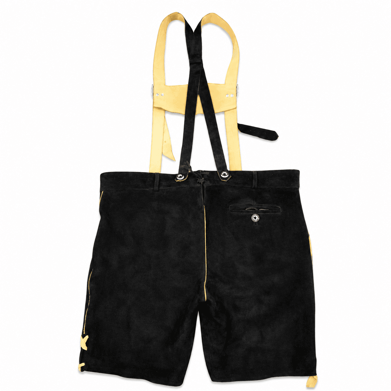Rear view of Mens Bavarian Raven Black Lederhosen with matching leather suspenders