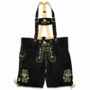 Mens Bavarian Raven Black Lederhosen in genuine leather with bird and Edelweiss embroidery