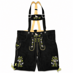 Mens Bavarian Raven Black Lederhosen in genuine leather with bird and Edelweiss embroidery