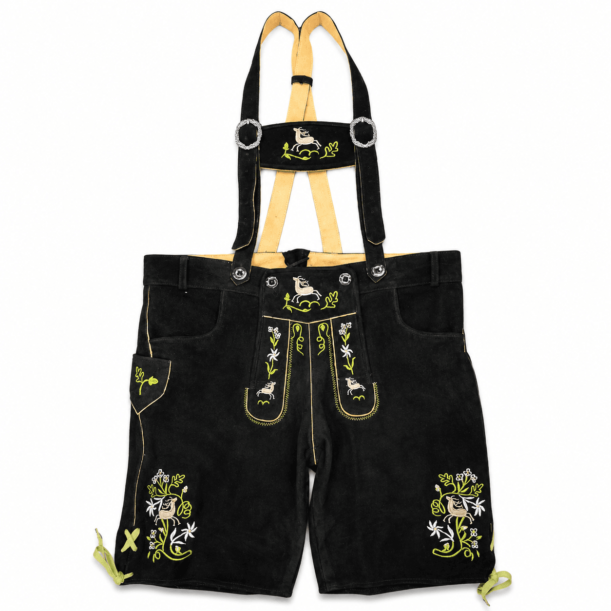 Mens Bavarian Raven Black Lederhosen in genuine leather with bird and Edelweiss embroidery