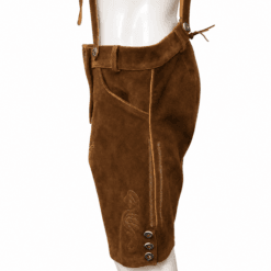Side view of Men’s Antique Brown Lederhosen featuring floral embroidery and decorative buttons