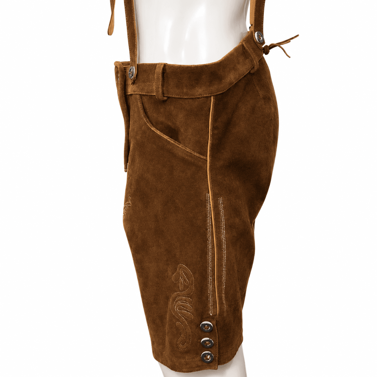 Side view of Men’s Antique Brown Lederhosen featuring floral embroidery and decorative buttons