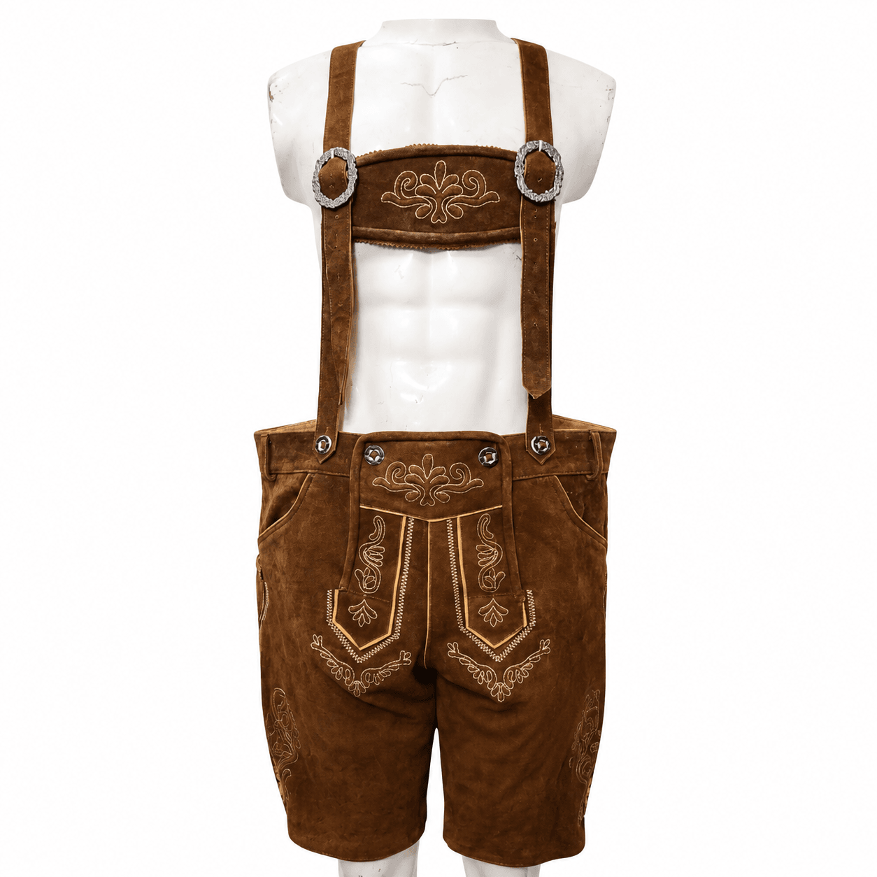 Men’s Antique Brown Lederhosen in genuine leather with beige Bavarian embroidery and suspenders