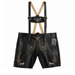 Handcrafted Vintage German Premium Black Leather Lederhosen with beige deer skull and wolf embroidery