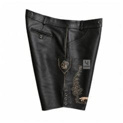 Handcrafted Vintage German Premium Black Leather Lederhosen with beige deer skull and wolf embroidery