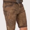 Men's brown traditional lederhosen handcrafted from genuine leather with antique beige Alpine embroidery and vintage deer buckle