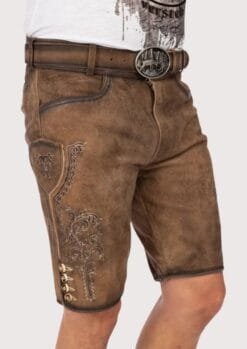 Men's brown traditional lederhosen handcrafted from genuine leather with antique beige Alpine embroidery and vintage deer buckle
