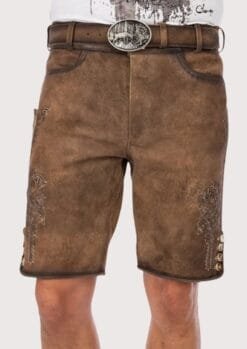 Men's brown traditional lederhosen handcrafted from genuine leather with antique beige Alpine embroidery and vintage deer buckle