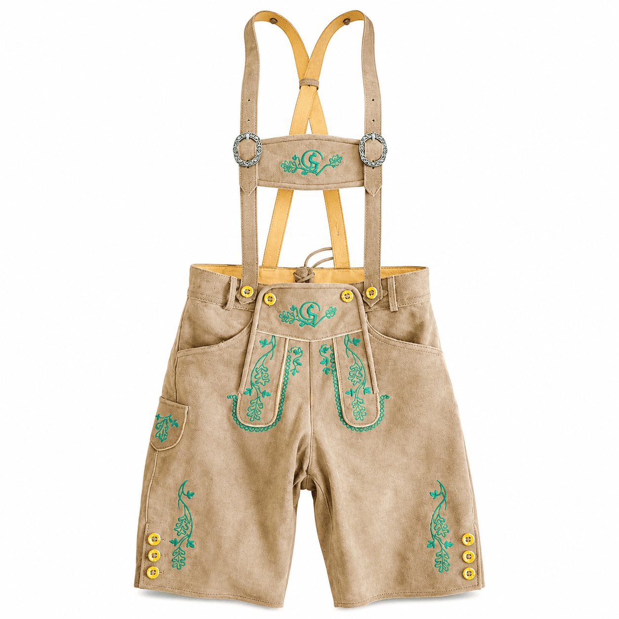 Men's cream suede lederhosen shorts with turquoise Alpine embroidery and matching leather suspenders