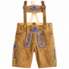 Oktoberfest Style Men's Lederhosen in tan brown genuine leather with royal blue embroidery and suspenders