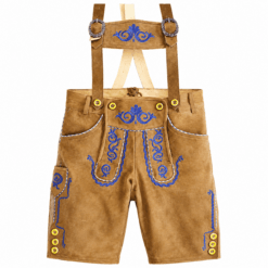 Oktoberfest Style Men's Lederhosen in tan brown genuine leather with royal blue embroidery and suspenders