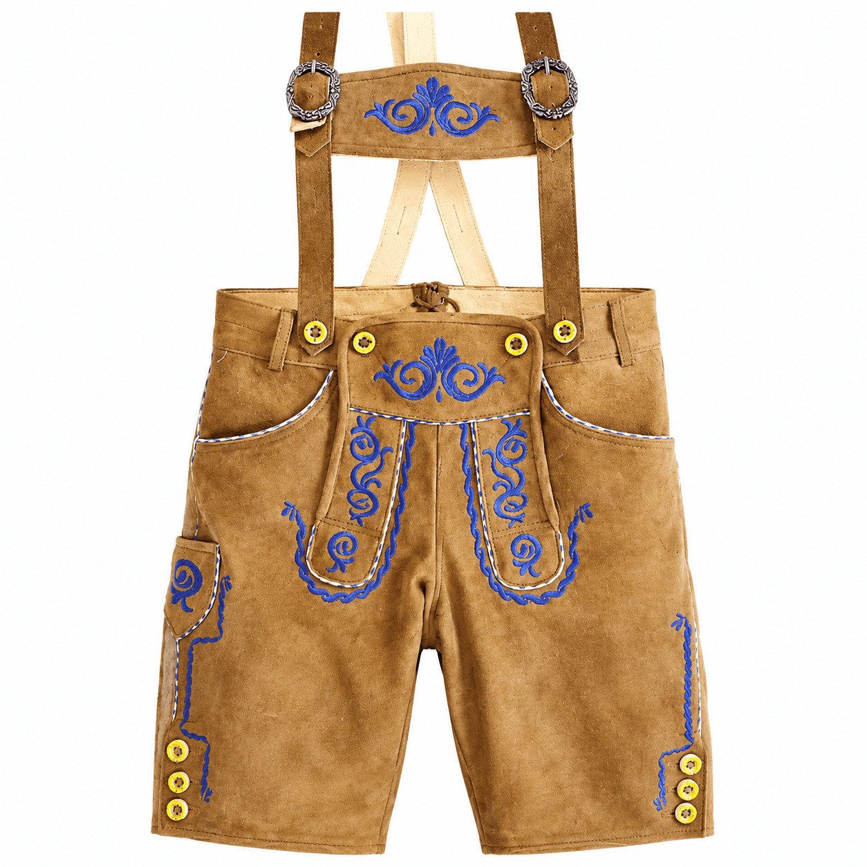 Oktoberfest Style Men's Lederhosen in tan brown genuine leather with royal blue embroidery and suspenders