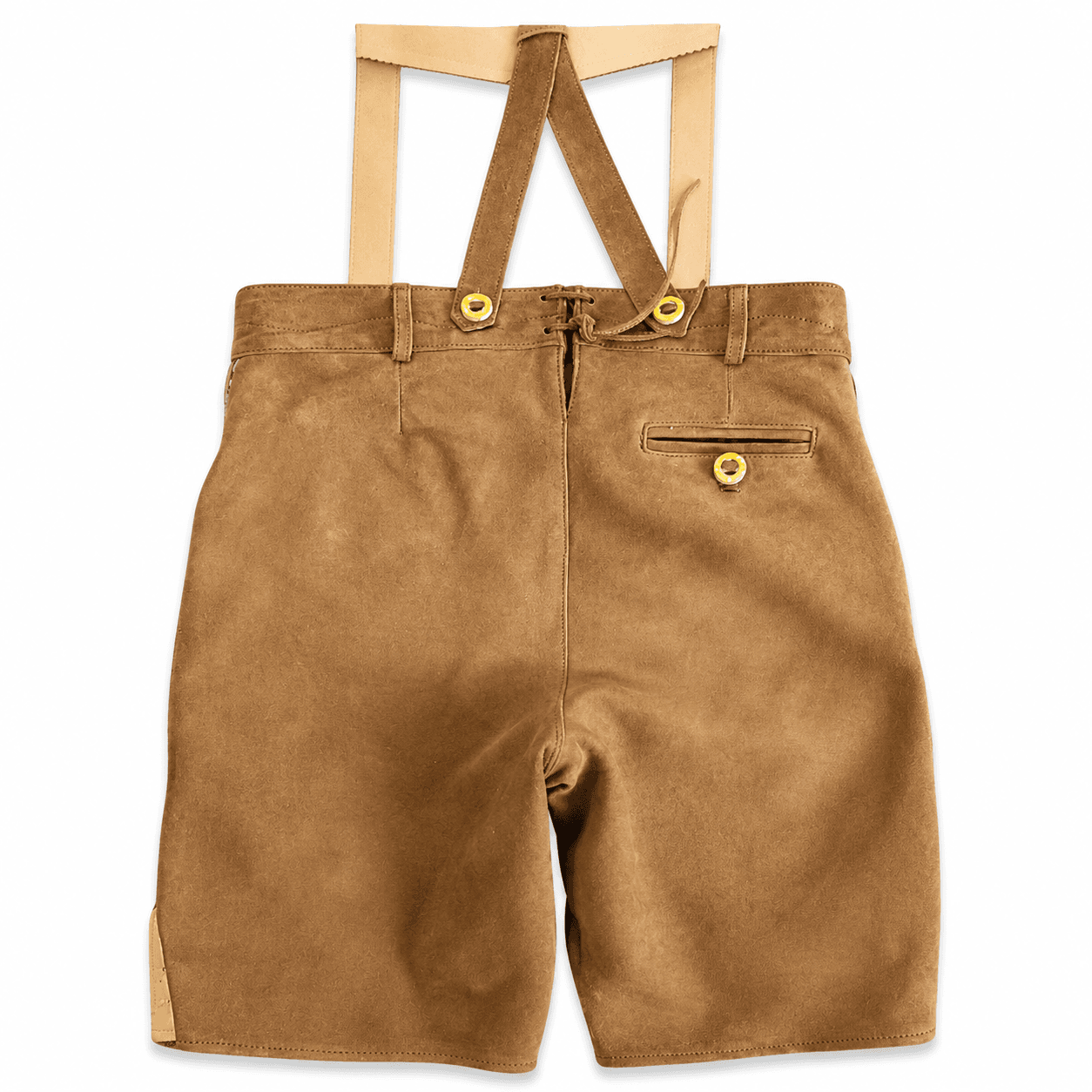 Back view of Oktoberfest Style Men's Lederhosen with adjustable suspenders in tan brown leather