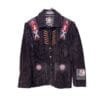 Men's black cowhide suede fringe jacket with embroidered shoulder panels, lace-cut chest detailing, and concho-style pocket medallions