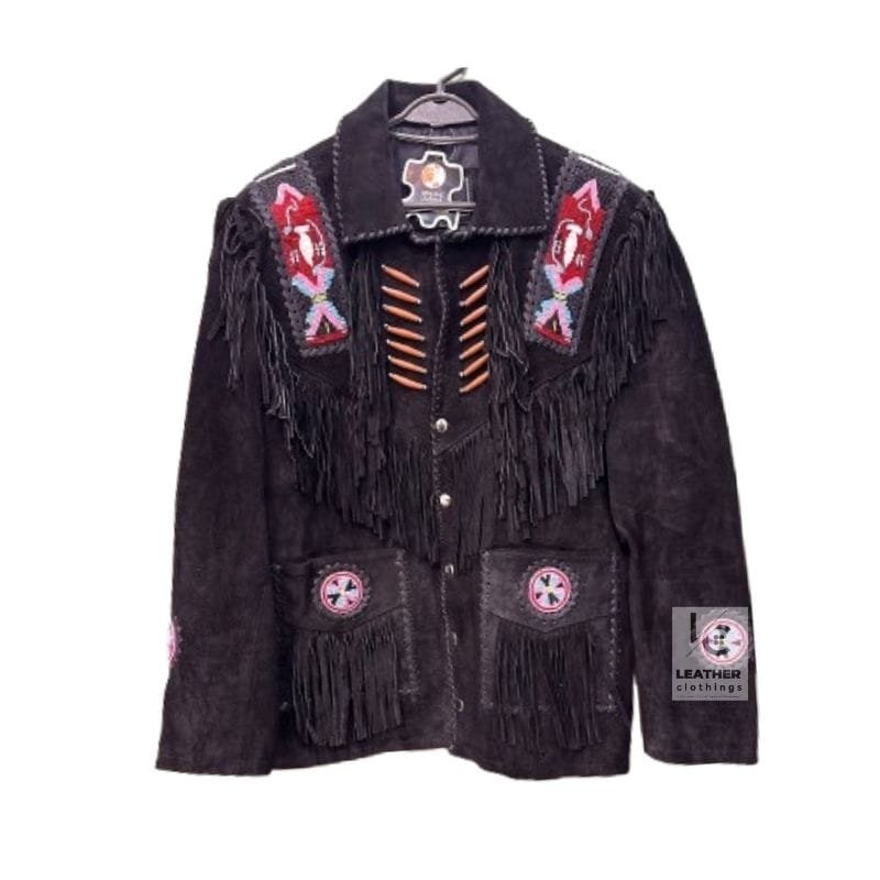 Men's black cowhide suede fringe jacket with embroidered shoulder panels, lace-cut chest detailing, and concho-style pocket medallions