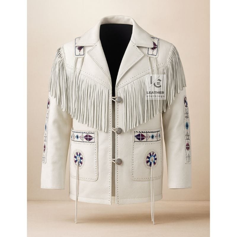 Men's white goat suede fringe jacket with geometric embroidered trim and circular rosette accents