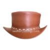 Brown leather top hat with metal rivet band and frontier outlaw styling