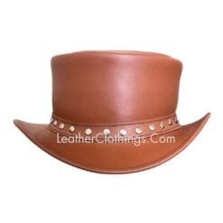 Brown leather top hat with metal rivet band and frontier outlaw styling
