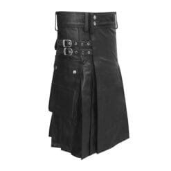 Men's black leather utility kilt with dual buckle straps and flap cargo pocket