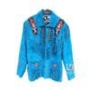 Men's turquoise cowhide suede Western jacket with beaded shoulder panels, bone-style chest lacing, fringe, and concho medallions