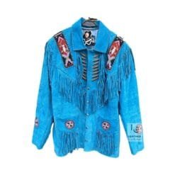Men's turquoise cowhide suede Western jacket with beaded shoulder panels, bone-style chest lacing, fringe, and concho medallions
