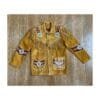 Men's golden tan goat suede fringe jacket with whipstitch trim, embroidered shoulder panels, and concho-style medallions