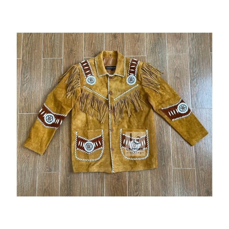 Men's golden tan goat suede fringe jacket with whipstitch trim, embroidered shoulder panels, and concho-style medallions