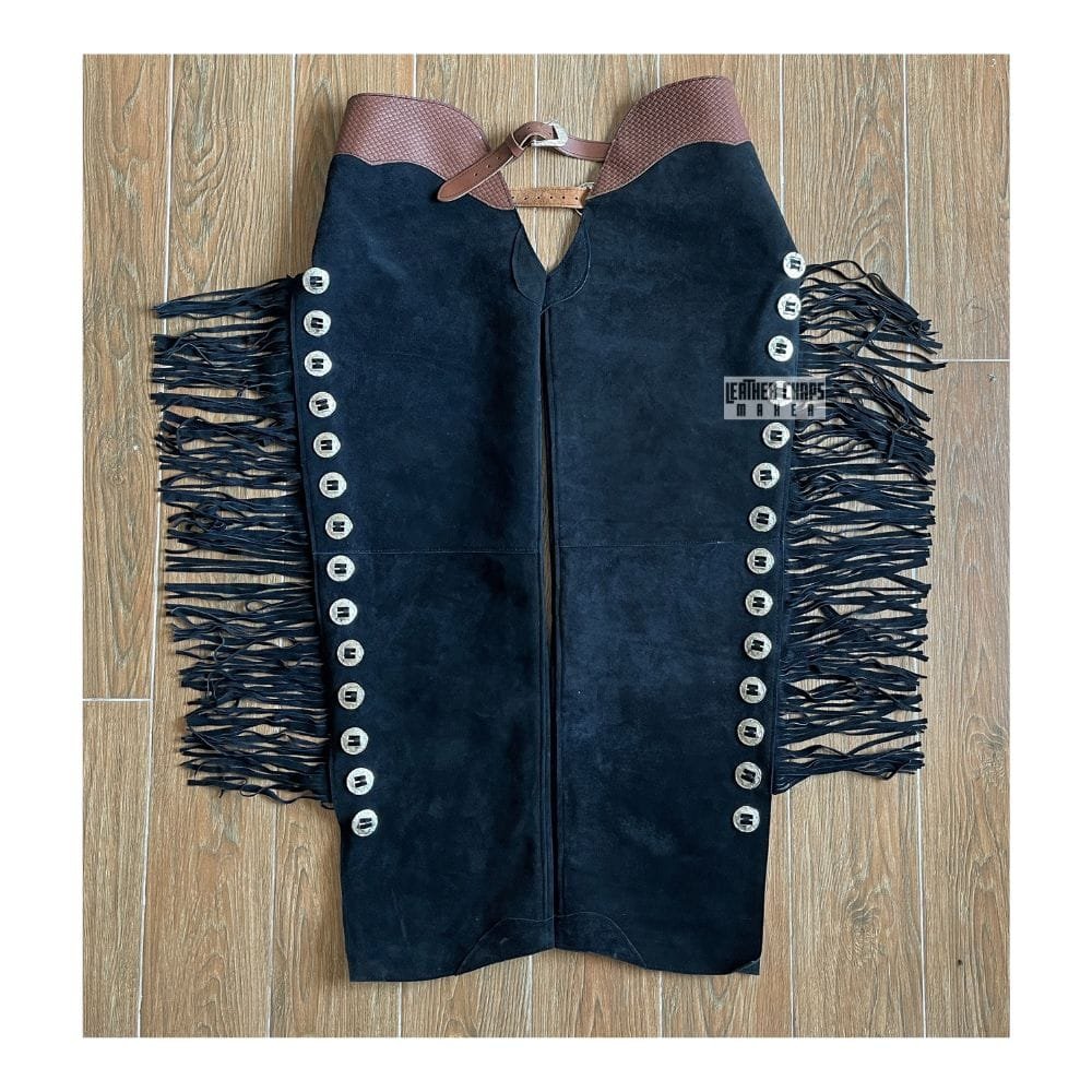 Women’s Cowgirl Rodeo Western Black Suede Fringes Chaps