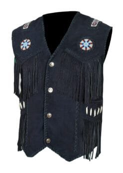Attractive Cowgirl Black Suede Western Vest with Fringes, Beads & Bones WSUV7