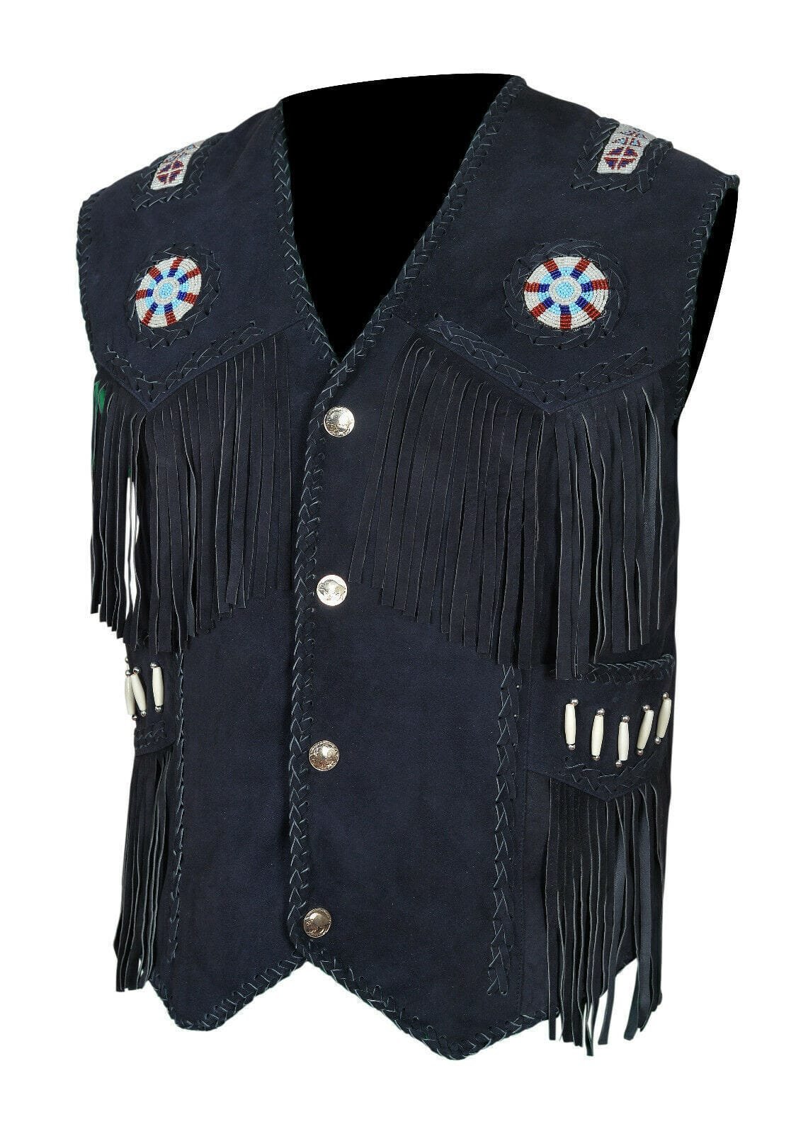 Attractive Cowgirl Black Suede Western Vest with Fringes, Beads & Bones WSUV7