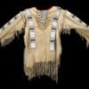 Men's frontier beaded suede leather fringe shirt with geometric beadwork and long fringe