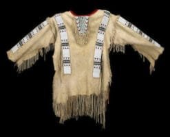 Men's frontier beaded suede leather fringe shirt with geometric beadwork and long fringe