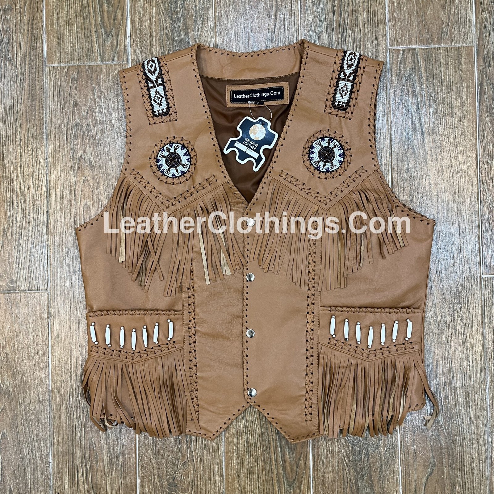 Cowgirl Brown Leather Western Vest American Indian Vest With Fringes Beads Bones WLUV9