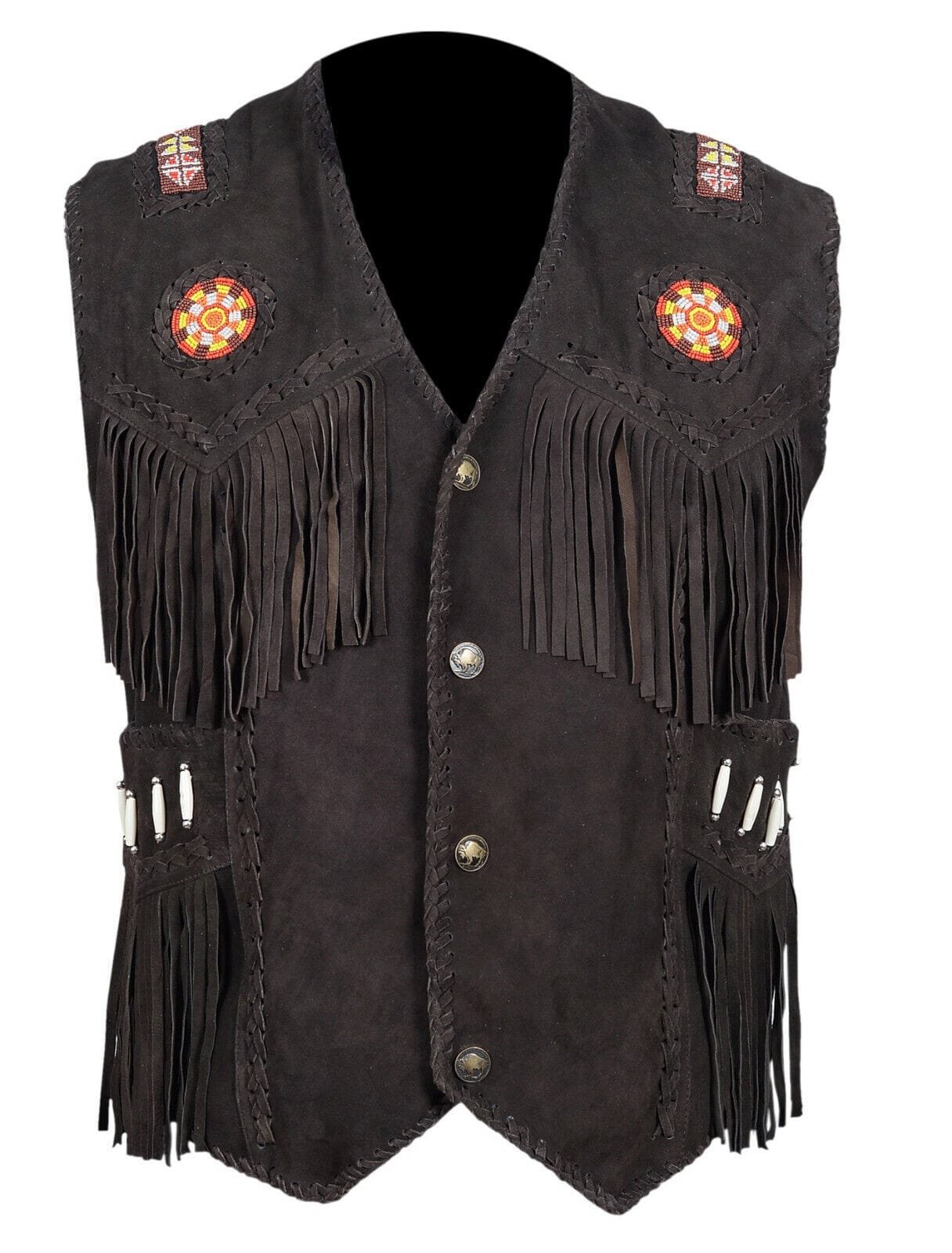 Cowgirl Black Suede Western Vest American Indian Beauty with Fringes, Beads, and Bones WSUV6