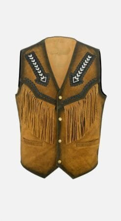 Women’s tan suede cowgirl fringe vest with arrow embroidery detailing