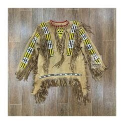 Women’s beige suede western fringe war shirt with yellow and white geometric beadwork