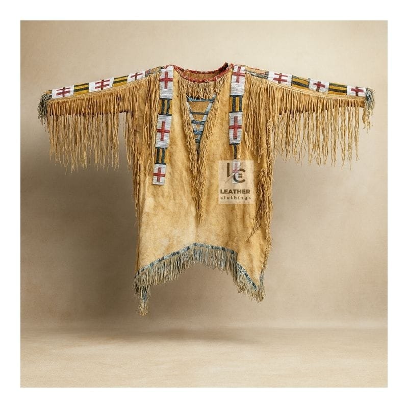 Women's Beaded Suede War Shirt with geometric beadwork and long shoulder fringe