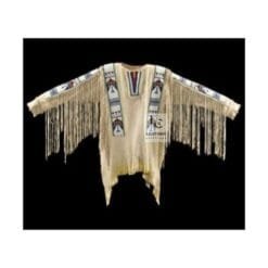 Women's Classic Beaded Suede War Shirt with long sleeve fringe and geometric beadwork