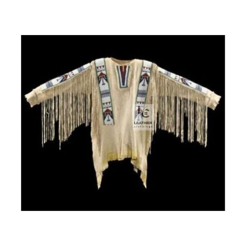Women's Classic Beaded Suede War Shirt with long sleeve fringe and geometric beadwork