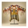 Women's Beaded Suede War Shirt with long hair trim, geometric beadwork, and hem fringe