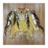 Women's suede war shirt with long hair trim, geometric beaded panels, and hem fringe