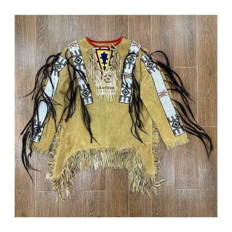 Women's suede war shirt with long hair trim, geometric beaded panels, and hem fringe