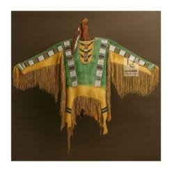 Women's two-tone suede fringe war shirt with geometric beadwork and long sleeve fringe