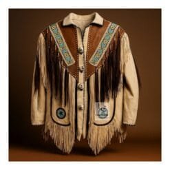 Women's beaded suede western jacket with long hair trim, fringe, and geometric beadwork