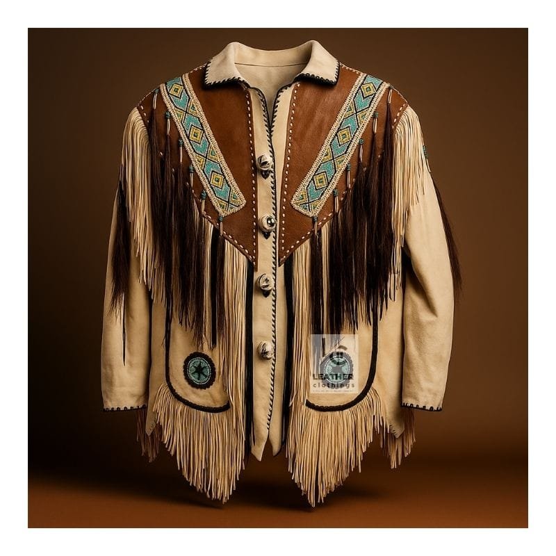 Women's beaded suede western jacket with long hair trim, fringe, and geometric beadwork