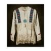 Women's beaded suede war shirt with sleeve hair trim, embroidered chest medallion, and fringe hem