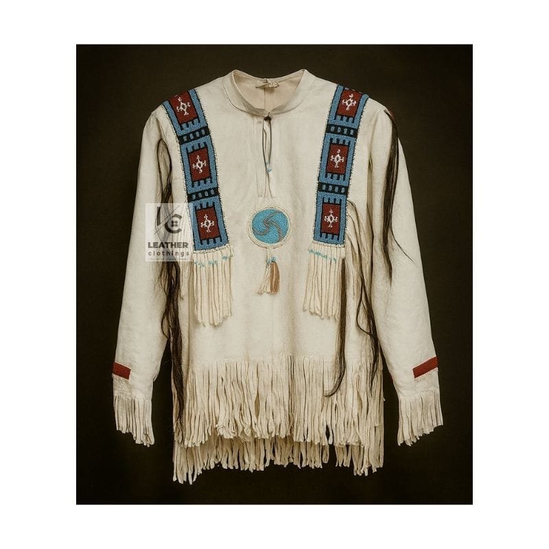 Women's beaded suede war shirt with sleeve hair trim, embroidered chest medallion, and fringe hem