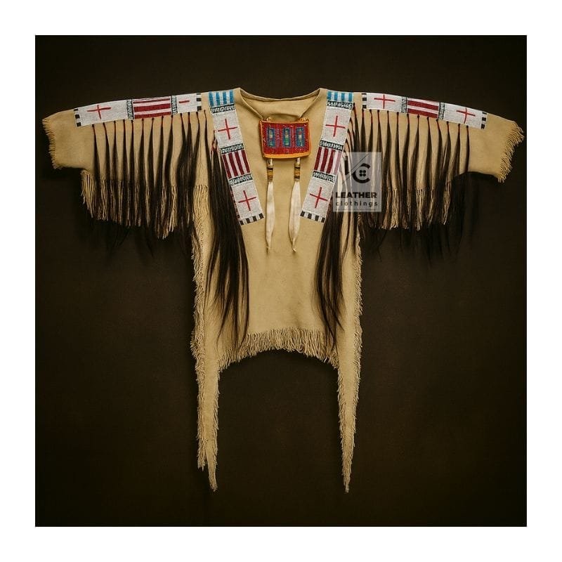 Beaded suede cavalry shirt with long hair accents, shoulder fringe, and pointed hem