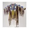 Woman wearing brown suede cowgirl fringe shirt with white and blue beadwork detailing