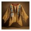 Beaded suede war shirt with long hair tassels, sleeve fringes, and pointed hem design